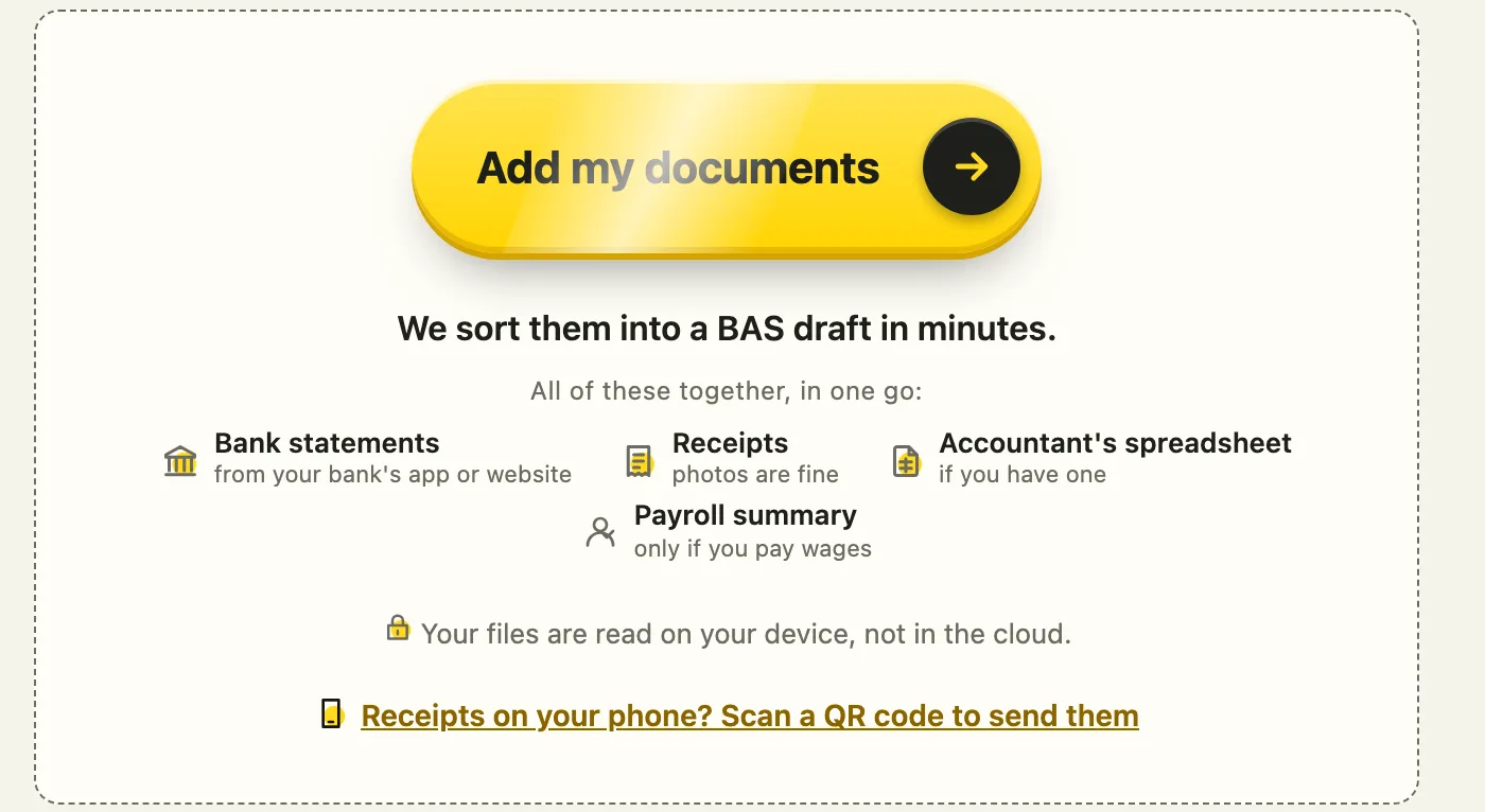 The YellowBAS start page: a big yellow Add my documents button, the kinds of files you can add, and a link to send receipts from your phone