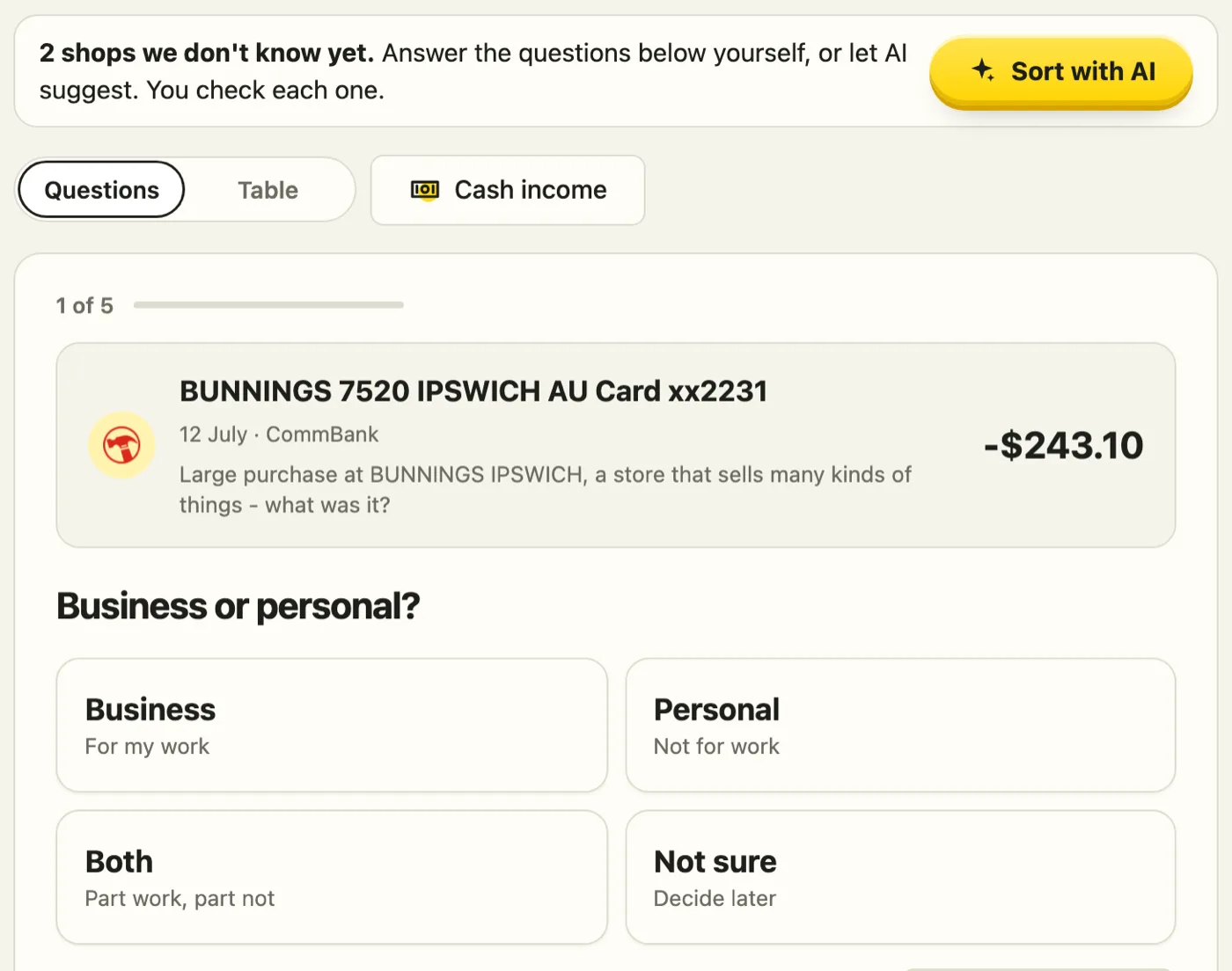 Question 1 of 5: a Bunnings purchase, with Business, Personal, Both and Not sure buttons, and a Sort with AI box for shops YellowBAS doesn't know