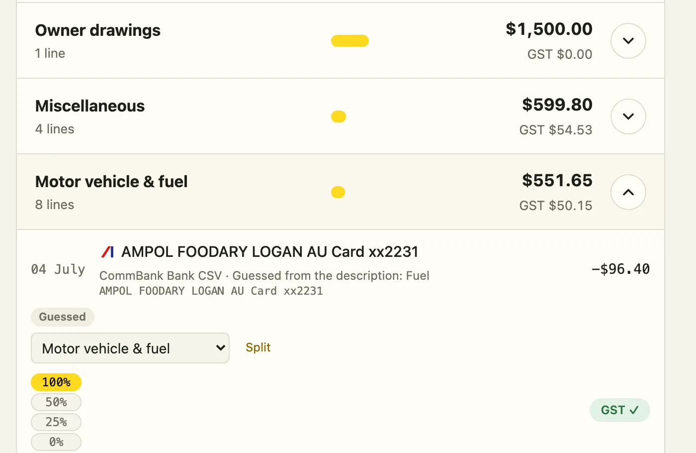 All expenses by category: Materials and supplies $2,412.20 with GST $219.29, and Motor vehicle and fuel opened to show its Ampol and Linkt lines